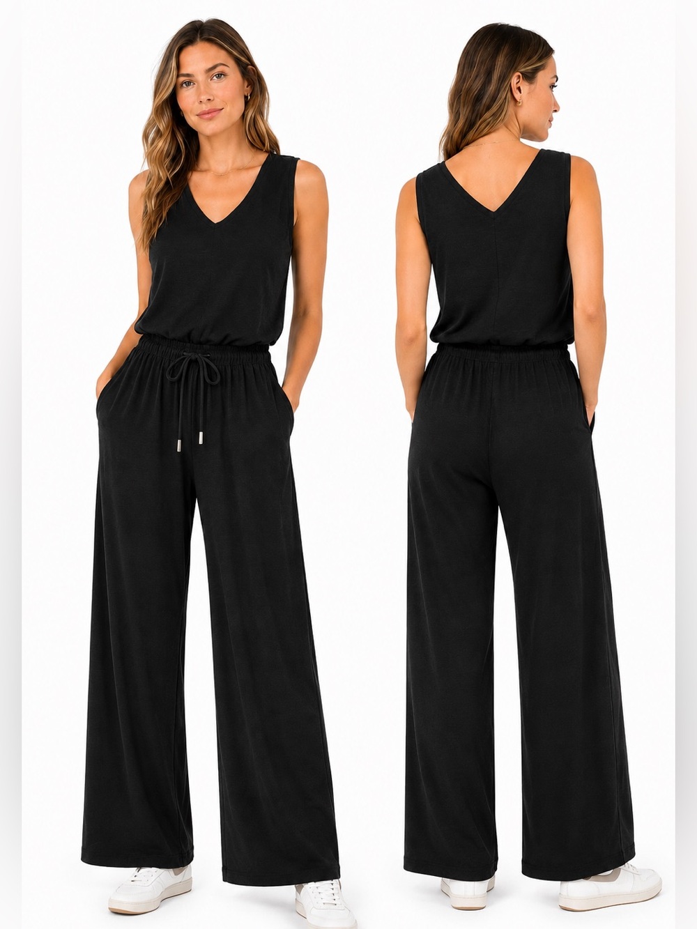 Sansara Black Sleeveless Knit Jumpsuit Medium Wide Leg Pockets Stretch Casual
